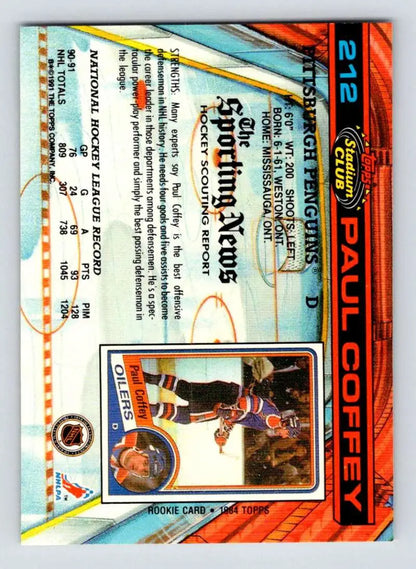 Hockey card featuring Paul Coffey from Topps Stadium Club with orange and blue design