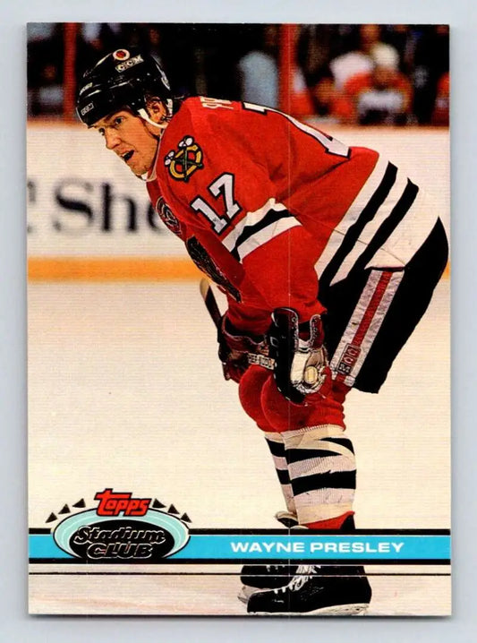 Wayne Presley in a red Chicago Blackhawks jersey on the 1991-92 Hockey Card