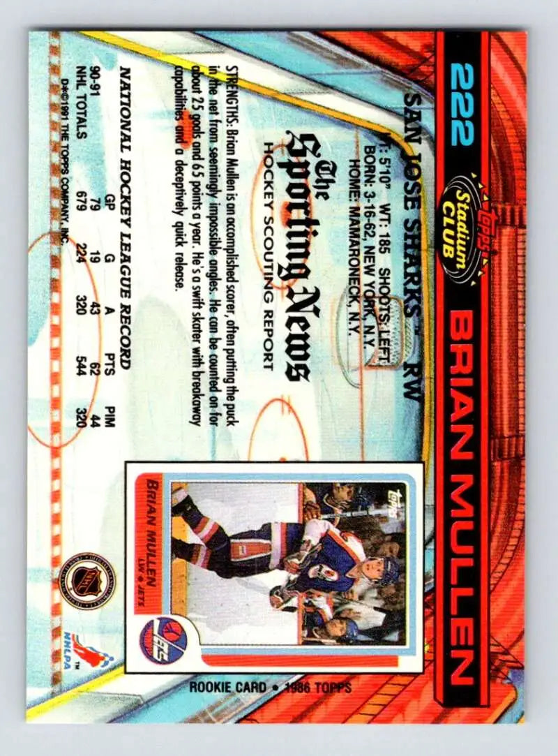 Colorful holographic 1991-92 Topps Stadium Club Brian Mullen Hockey Card with inset photo