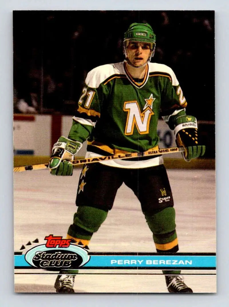 Hockey player in green and white Minnesota North Stars uniform on Topps Stadium Club card