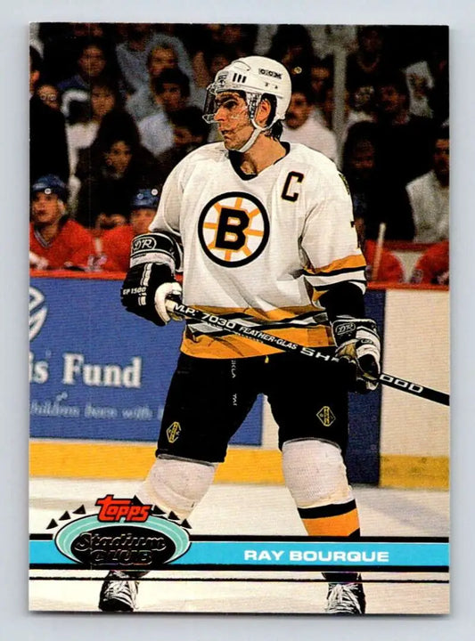 Ray Bourque in white jersey with Boston Bruins logo on 1991-92 Topps Stadium Club card