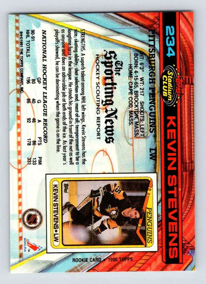 Pittsburgh Penguins Hockey Card featuring Kevin Stevens with orange and blue design elements