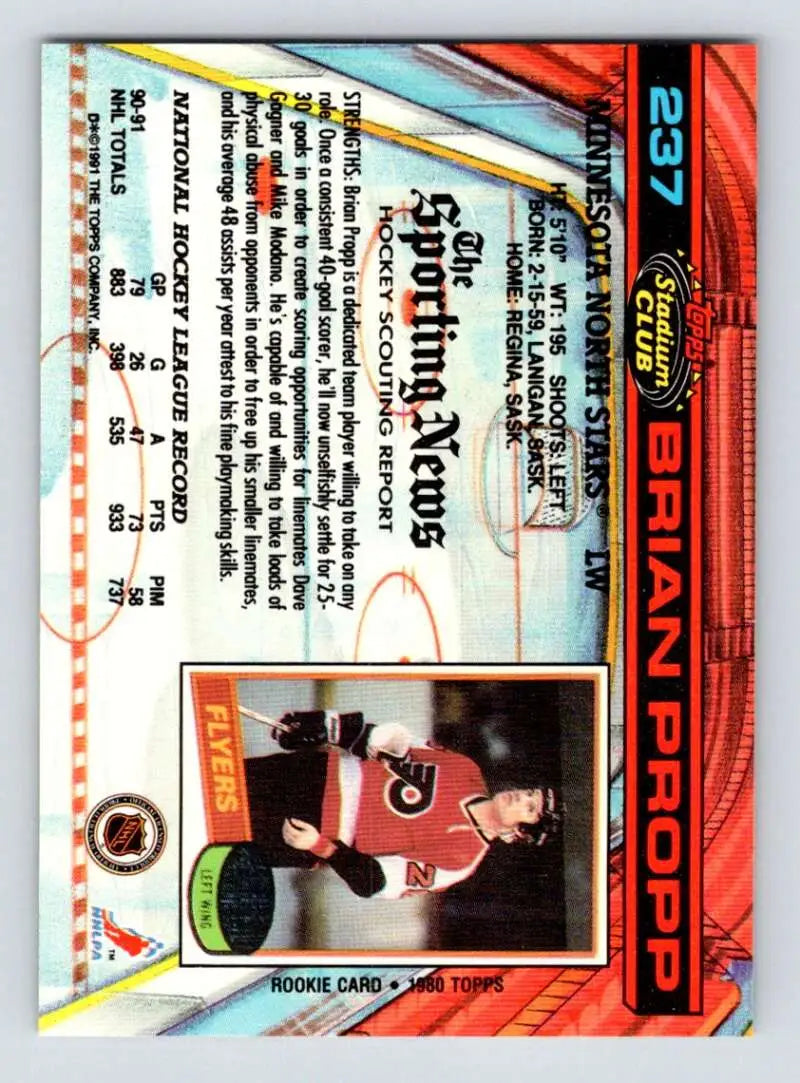 Hockey trading card featuring Brian Propp with red and black design for Minnesota North Stars