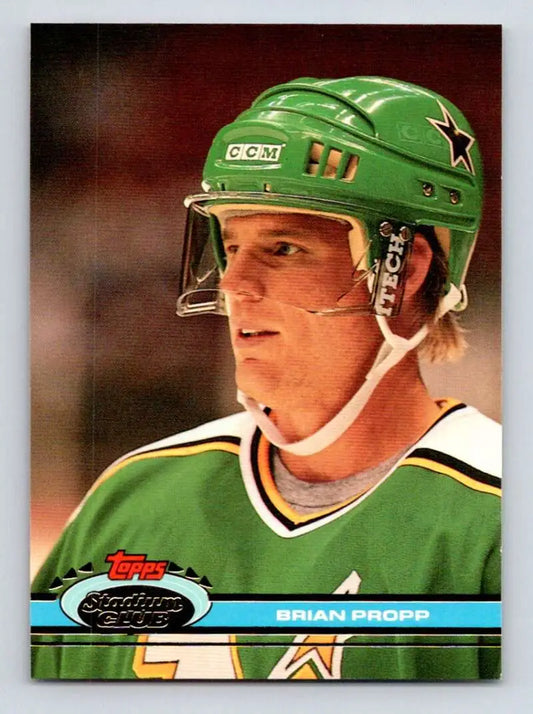 Hockey player in green Minnesota North Stars gear on Brian Propp card artwork