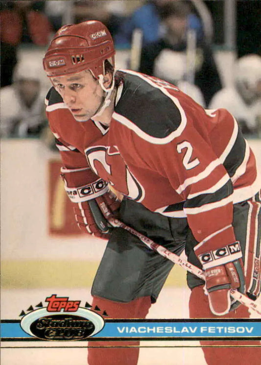 Hockey player in red and black jersey Devils #2 features Slava Fetisov Topps Stadium Club card