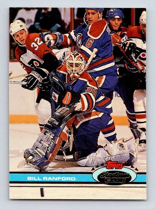 Hockey trading card of Bill Ranford in Edmonton Oilers uniform from Topps Stadium Club