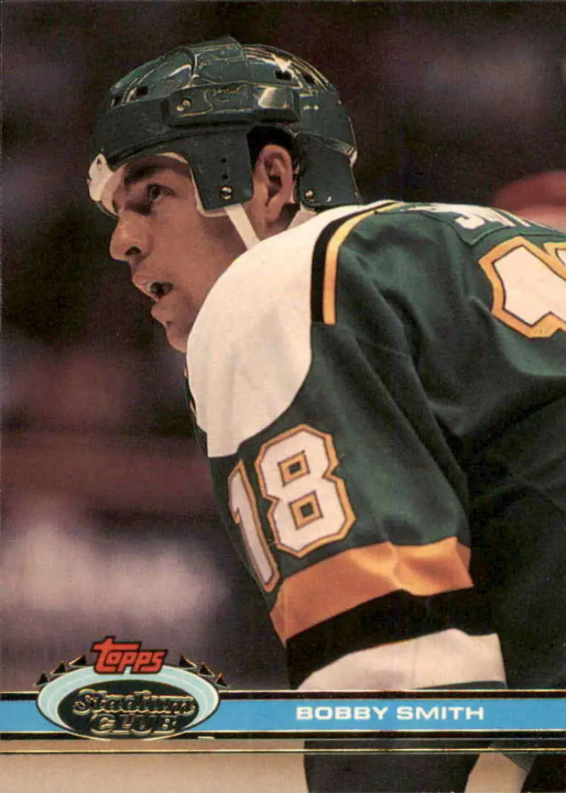 Bobby Smith in a Minnesota North Stars jersey number 8 on a hockey card