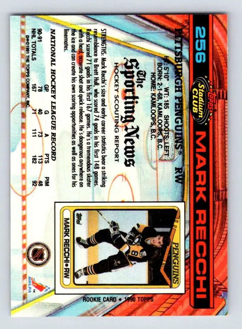 Mark Recchi Pittsburgh Penguins hockey card in black and gold uniform from 1991-92 Topps