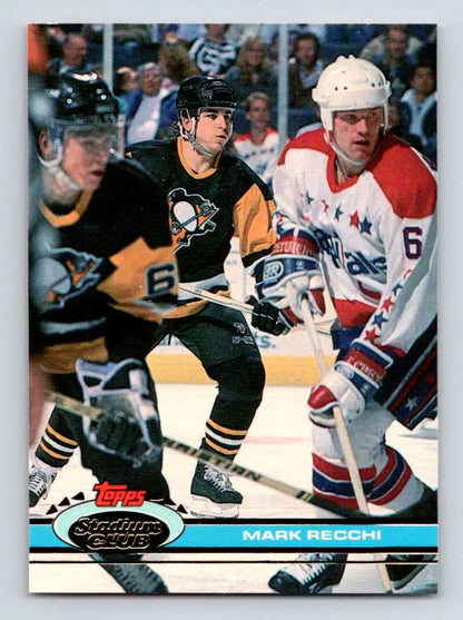 Hockey card featuring Mark Recchi of the Pittsburgh Penguins in action