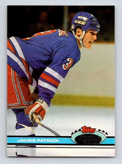 James Patrick New York Rangers hockey card in blue jersey from 1991-92 Topps Stadium Club