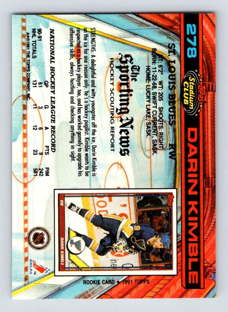 Hockey trading card of Darin Kimble in black and yellow uniform from Topps Stadium Club