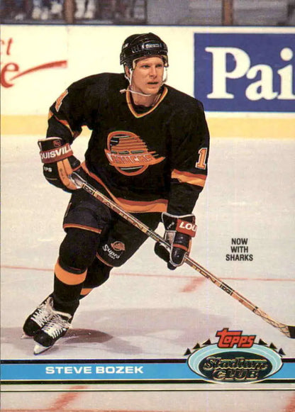 Hockey player in black Vancouver Canucks jersey skating with stick, Steve Bozek San Jose Sharks