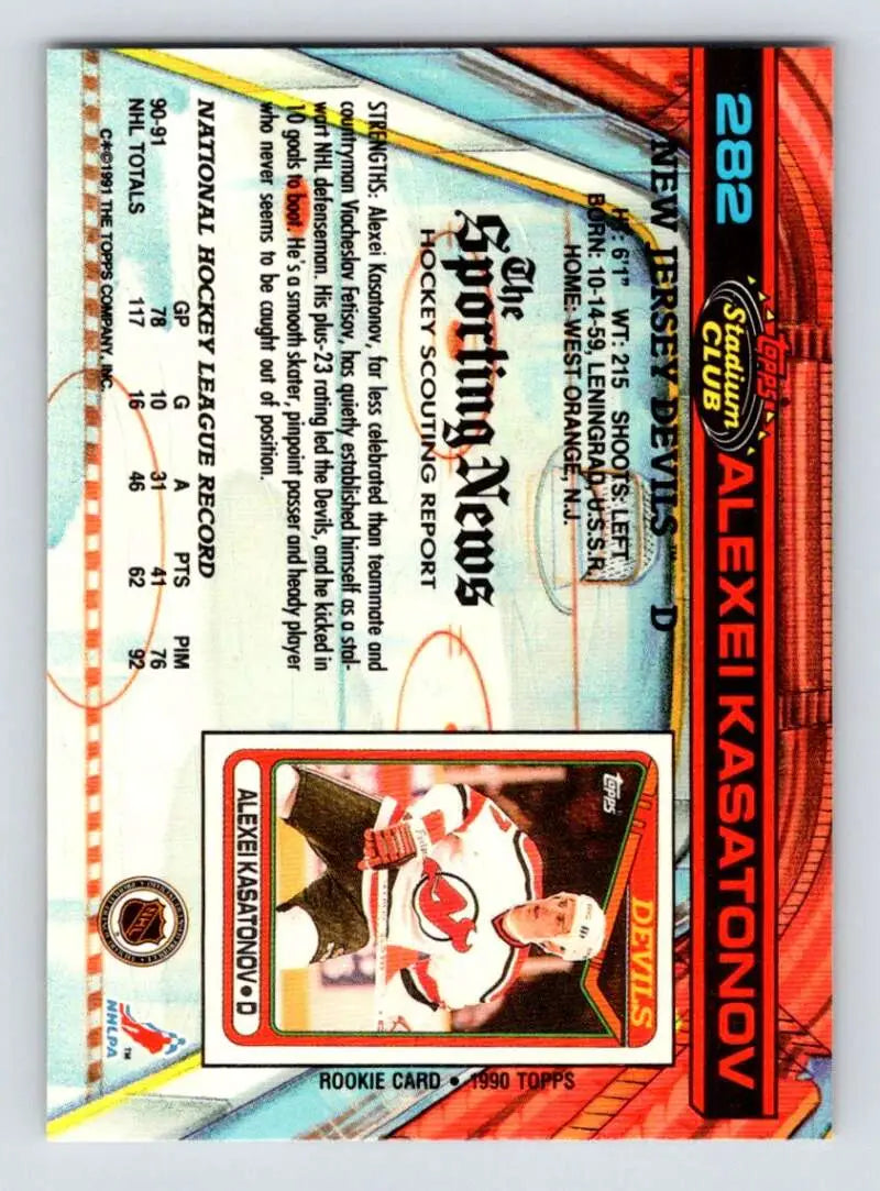 Hockey card featuring Alexei Kasatonov with red and blue holographic design for Jersey Devils