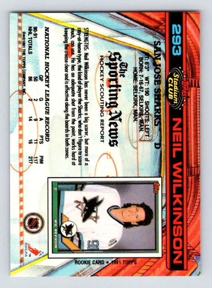 1991-92 Topps Stadium Club Neil Wilkinson San Jose Sharks Hockey Card in white jersey