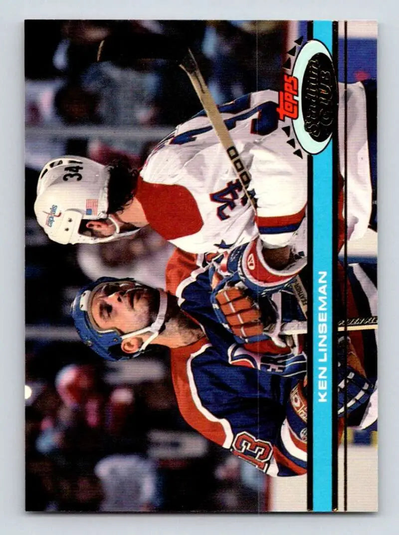 Ken Linseman hockey card featuring action between New York Rangers and Edmonton Oilers