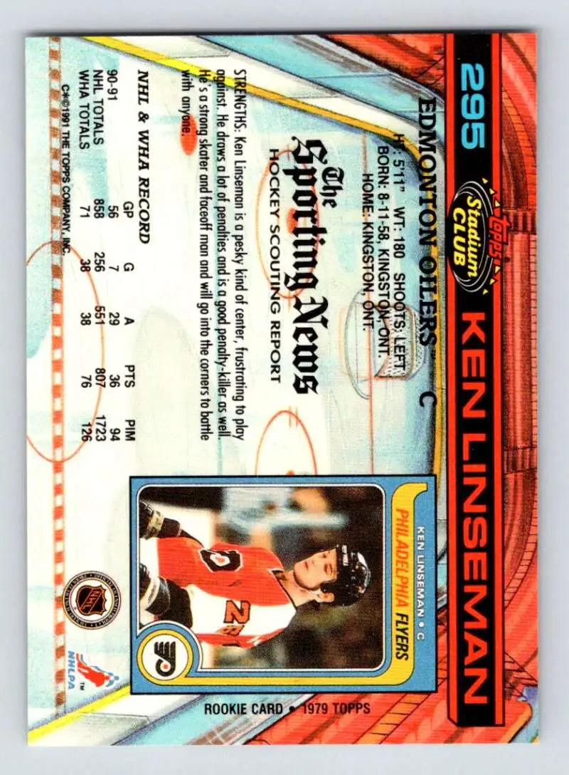 Baseball trading card featuring Ken Linseman in red uniform, Edmonton Oilers design