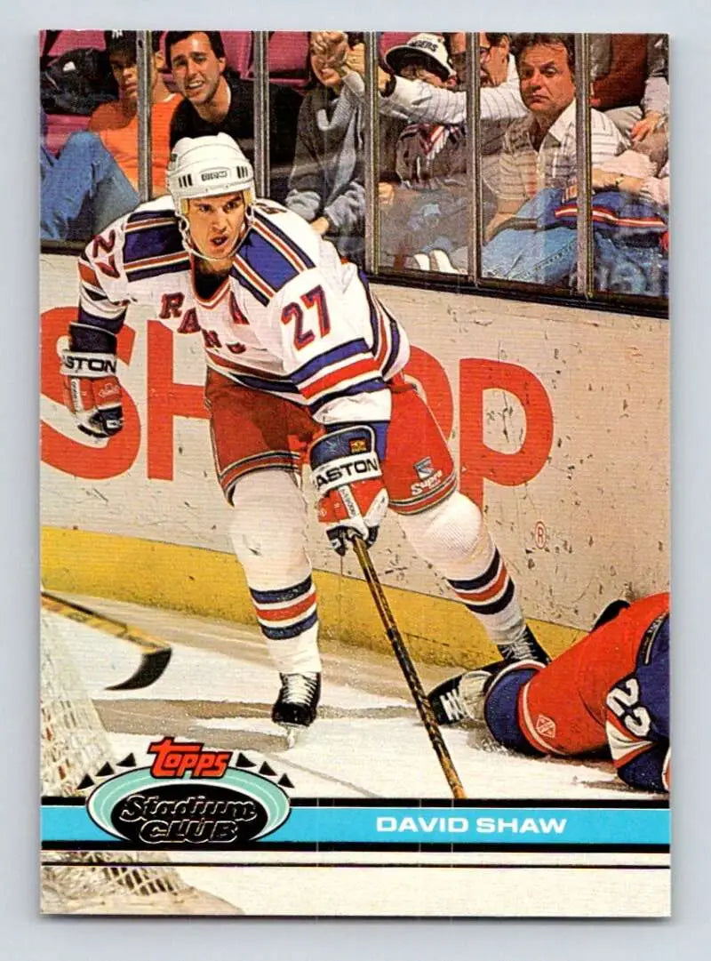 Hockey card of David Shaw in action for New York Rangers, Topps Stadium Club series