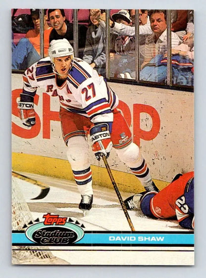 Hockey card of David Shaw in action for New York Rangers, Topps Stadium Club series