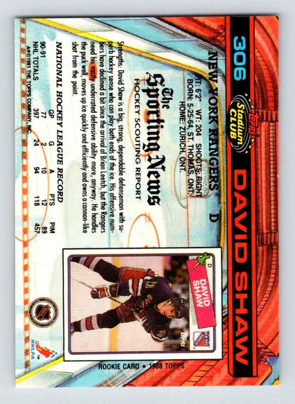 David Shaw hockey card in black and gold uniform from Topps Stadium Club 1991-92