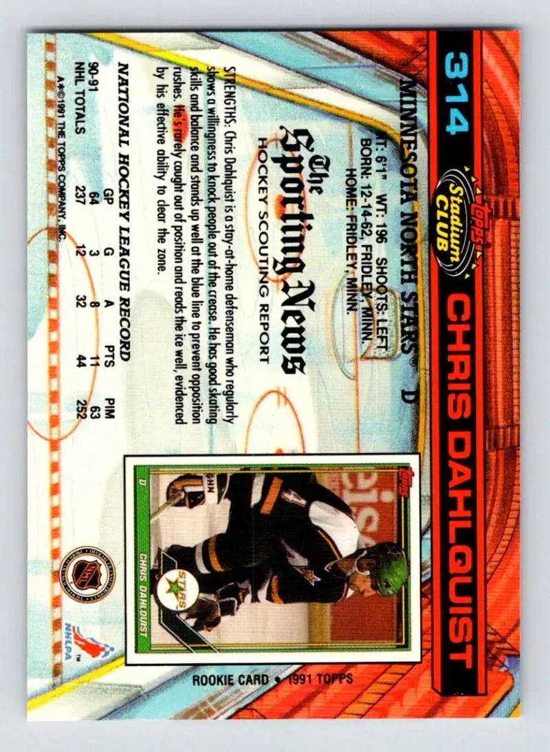 Trading card of Chris Dahlquist in black uniform for Minnesota North Stars on ice