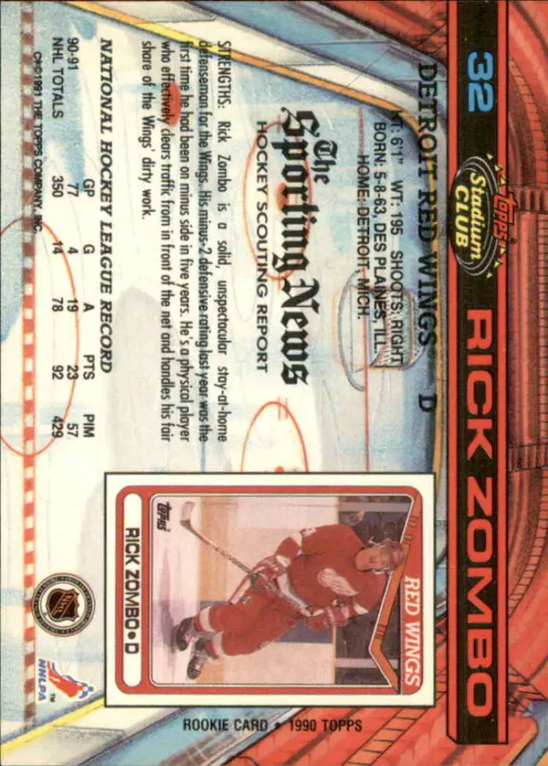 Hockey card of Rick Zombo in red uniform on ice, Detroit Red Wings 1991-92 edition