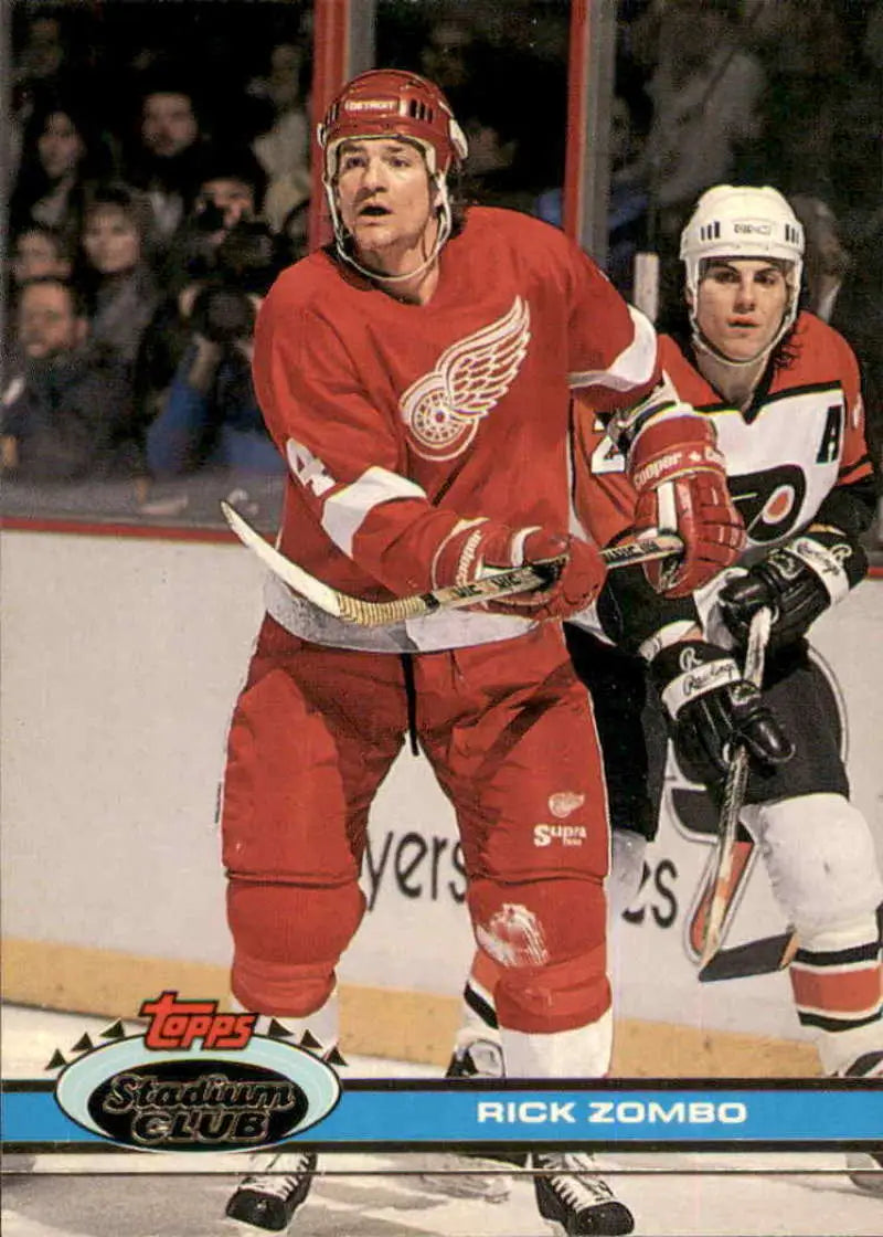 Hockey player Rick Zombo in Detroit Red Wings jersey on 1991-92 hockey card