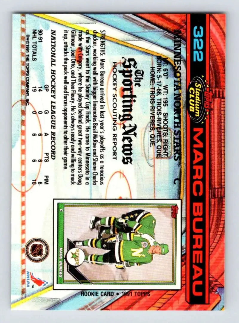 1991-92 Topps Stadium Club #322 Marc Bureau Hockey Card featuring North Stars player