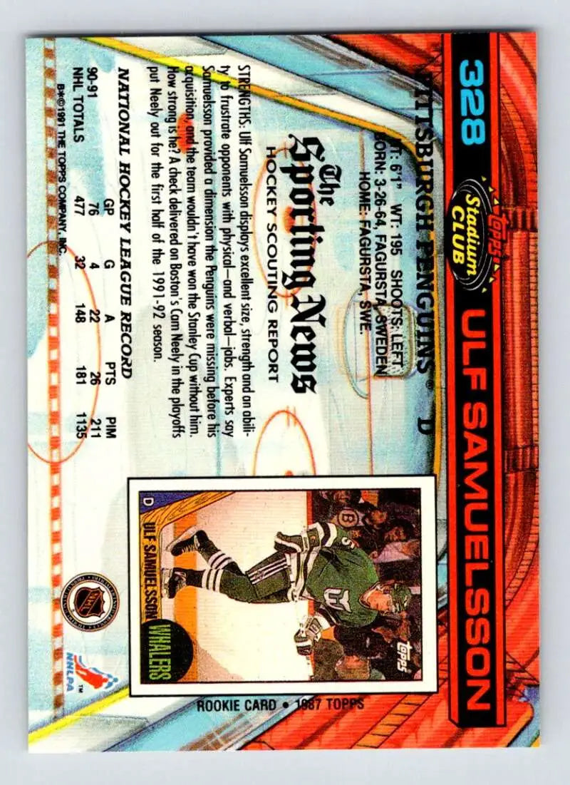 Ulf Samuelsson 1991-92 Topps Stadium Club hockey card featuring Pittsburgh Penguins player