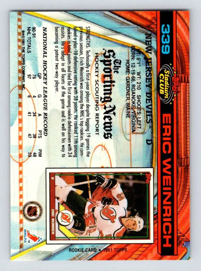 Hockey card featuring Eric Weinrich with orange and blue design for Jersey Devils