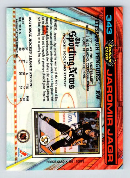 Topps Stadium Club Jaromir Jagr hockey card in black and yellow Pittsburgh Penguins uniform