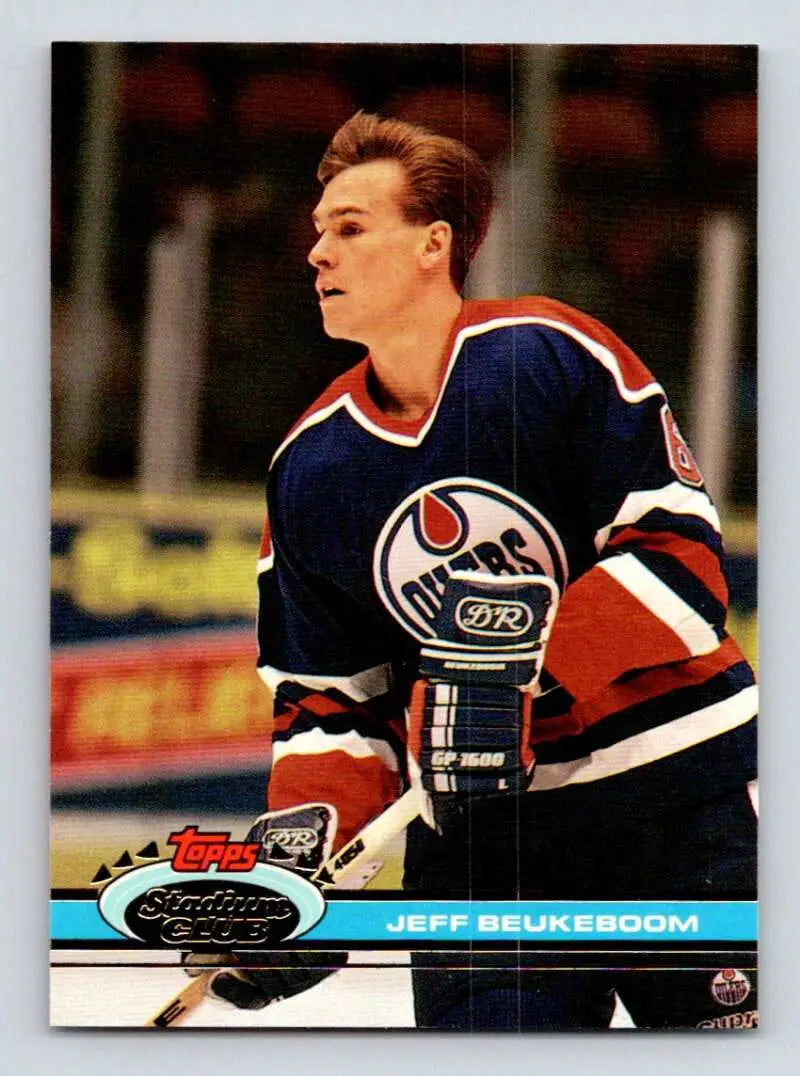 1991-92 Topps Stadium Club Jeff Beukeboom Edmonton Oilers trading card in navy blue jersey