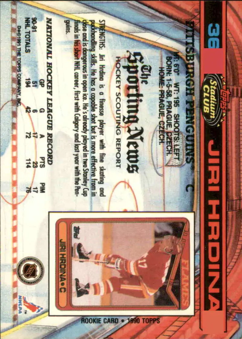 Trading card of Jiri Hrdina in a red jersey from Topps Stadium Club