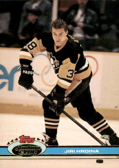 Pittsburgh Penguins Jiri Hrdina skating in black and gold on Topps Stadium Club hockey card