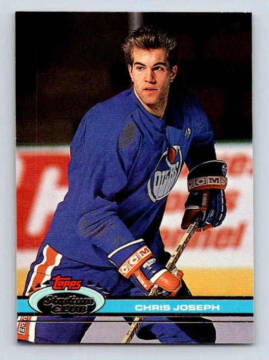 Chris Joseph in Edmonton Oilers jersey with stick from Topps Stadium Club hockey card