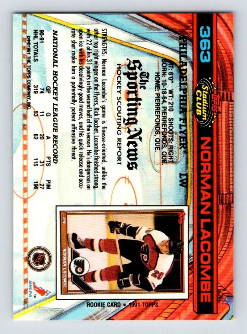 Hockey card of Normand Lacombe in black and red Philadelphia Flyers uniform