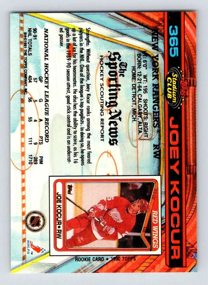 Joey Kocur New York Rangers hockey card in red Detroit Red Wings uniform Topps Stadium Club