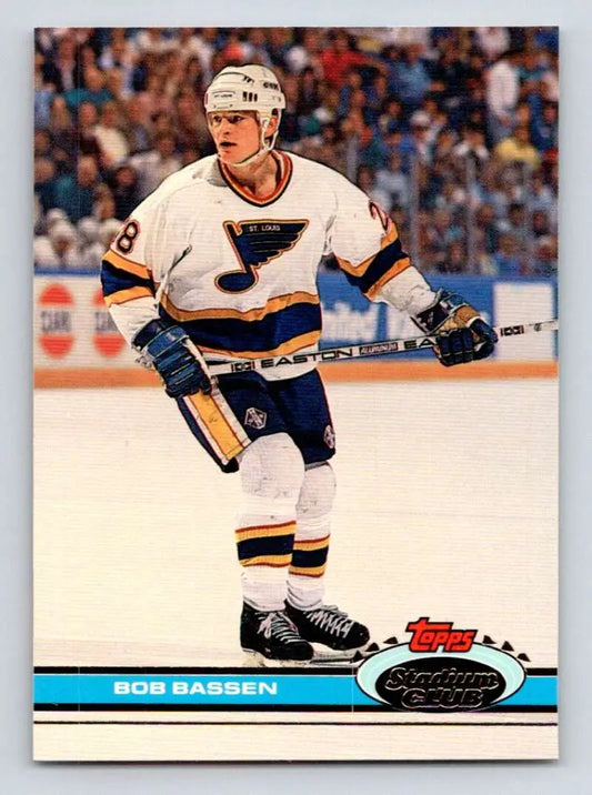 Hockey player in St. Louis Blues jersey featured on Bob Bassen hockey card