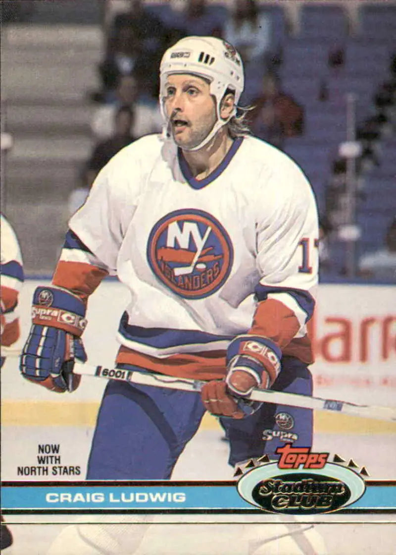 Hockey player in New York Islanders jersey representing Craig Ludwig of Minnesota North Stars