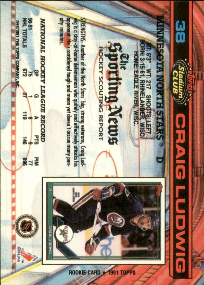 Back side of 1991-92 Topps Stadium Club Craig Ludwig hockey card with Minnesota North Stars stats