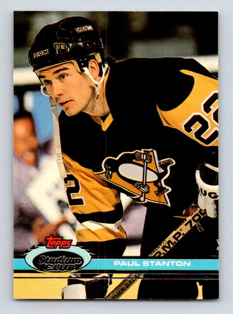 Hockey card of Paul Stanton in black and gold uniform from Stadium Club series