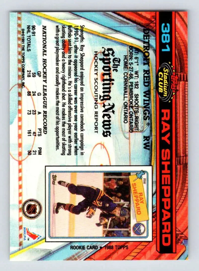 Hockey trading card featuring Ray Sheppard with blue and orange border for Detroit Red Wings