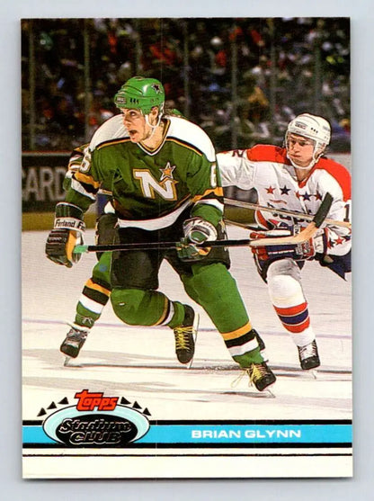 Hockey trading card featuring Brian Glynn of the Minnesota North Stars in action