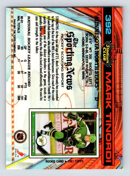 Sports trading card of Mark Tinordi in a green Minnesota North Stars jersey on ice