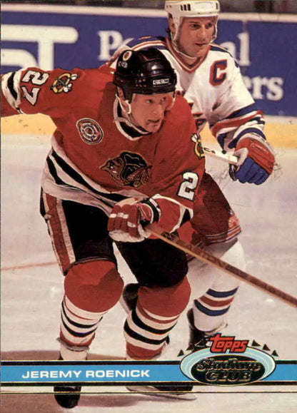 Hockey card of Jeremy Roenick in red jersey for Chicago Blackhawks, Stadium Club collectible