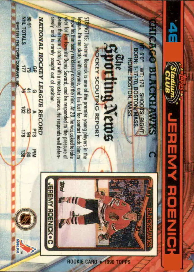 Back of 1991-92 Topps Stadium Club hockey card featuring Jeremy Roenick photo and text