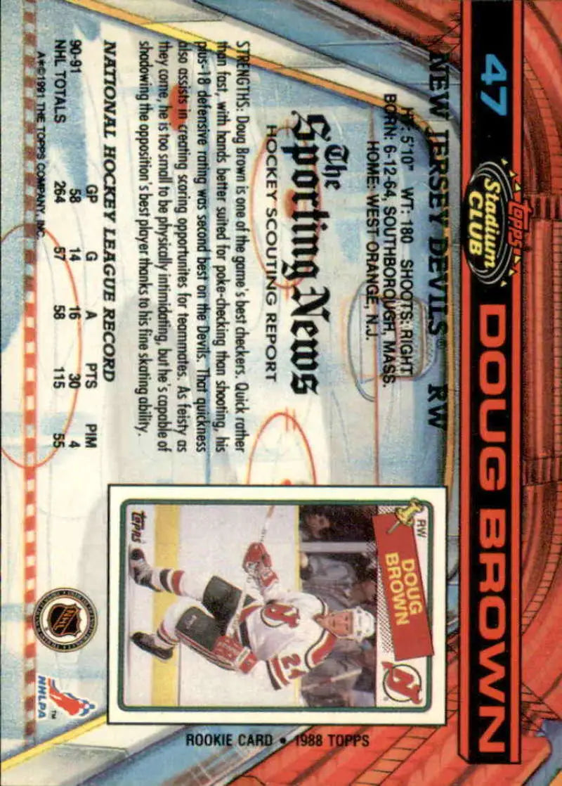 Back side of Doug Brown New Jersey Devils hockey card with player photo and text