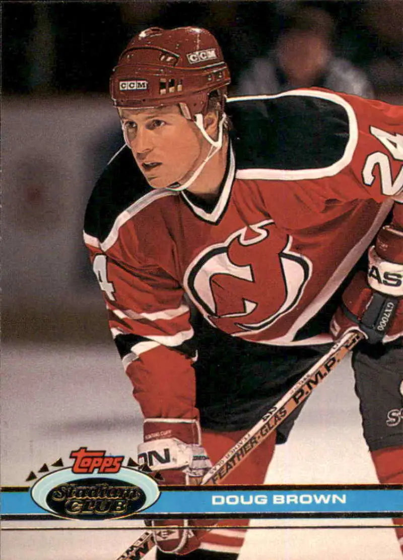 Hockey player in red New Jersey Devils jersey 24, Doug Brown Hockey Card image