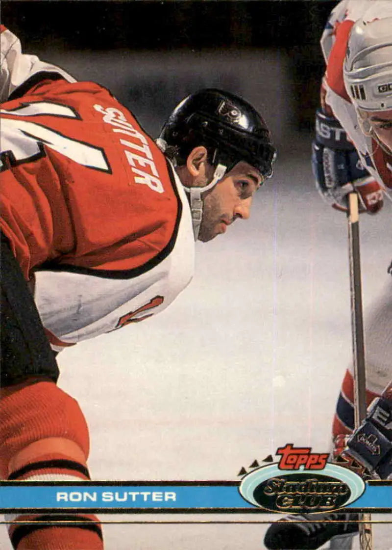 Hockey player Ron Sutter in red jersey during gameplay on Philadelphia Flyers card