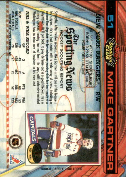 Mike Gartner New York Rangers hockey card from 1991-92 Topps Stadium Club