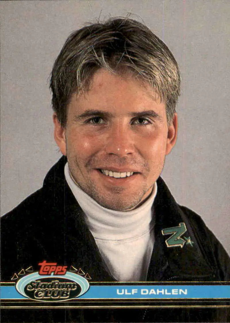 Professional hockey card of Ulf Dahlen from the Minnesota North Stars in a dark jacket